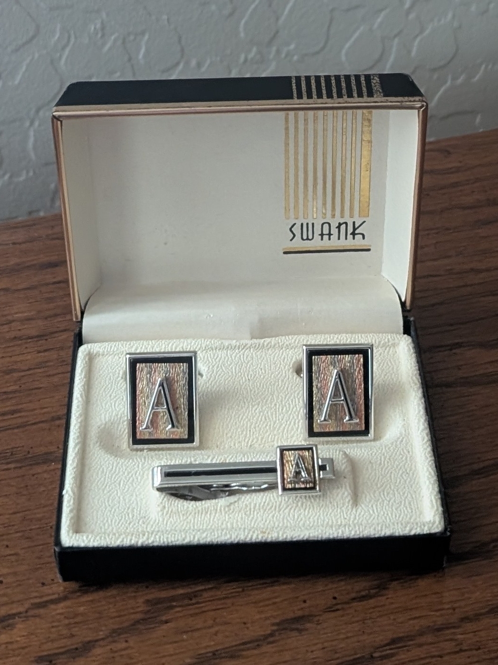Swank Mens Silver & Rose Gold 'A' Initial Cufflinks/Tie Bar Set Retro Multicolor